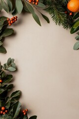 Fototapete - Modern Botanical Frame Evergreen Branches and Berries on Textured Canvas - Festive Decor and Holiday Branding in Eco-Friendly Seasonal Design for Retail Displays