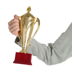 Wall Mural - woman with golden trophy cup on white background, closeup