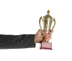 Wall Mural - man with golden trophy cup on white background, closeup