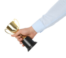 Wall Mural - man with golden trophy cup on white background, closeup