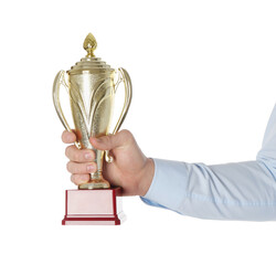 Wall Mural - man with golden trophy cup on white background, closeup