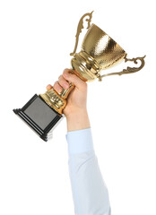 Wall Mural - man with golden trophy cup on white background, closeup