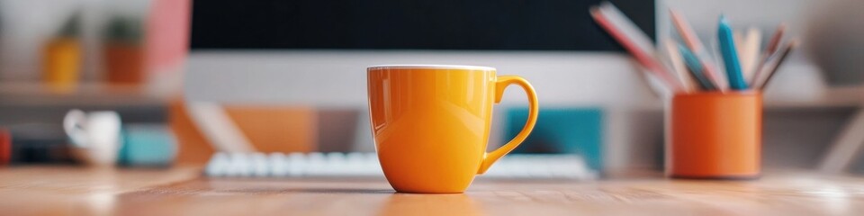 Poster - Scandinavian Office Aesthetic Vibrant Orange Mug Against Minimalist Desk Backdrop - Professional Humorous Content for Engaging Workforce and Inspiring Workspaces