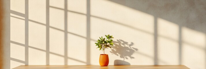 Leinwandbilder - Industrial Office Minimalism Sunlit Workspace with Orange Pot and Plant on Wooden Table - Modern Workplace Design for Creative Industries and Sustainable Offices