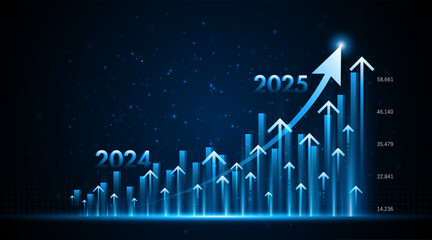 Aufkleber - Arrow pointing upwards for future company growth in 2024 to 2025. Stock market graph with rising candles. Ideas for growing a profitable business or investment	