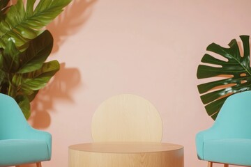 Poster - Biophilic Medical Office Design Smooth Wooden Podium with Light Blue Chairs for Welcoming Healthcare Spaces - Enhancing Patient Comfort and Wellbeing