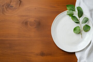 Aufkleber - Minimalist Wooden Dining Table Setting with White Ceramic and Linen Sustainable Design for Modern Lifestyle and Hospitality Industry Visual Merchandising
