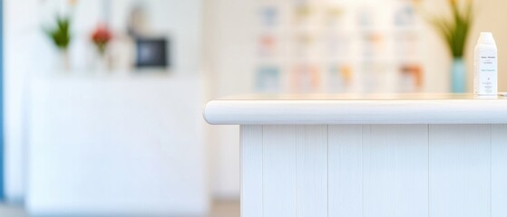 Poster - Minimalist Wellness Display Matte White Wooden Desk in Soft Glow - Healthcare Marketing and Clinic Branding for Comfort and Professional Aesthetic