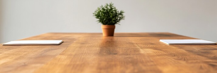 Aufkleber - Minimalist Oak Conference Table with Notepads and Plant Decor - Enhancing Corporate Ambiance and Eco-Inspired Gathering Spaces for Modern Business Meetings