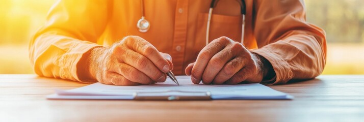 Aufkleber - Minimalist Healthcare Consultation Scene Professional Reviewing Documents on Wooden Desk with Sunlit Medical Tools - Modern Telemedicine Content and Efficient Practice Design