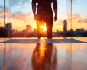 Poster - Sunlit Conference Reflection Professional Silhouette in Glass Office - Business Innovation and Modern Decision-Making Content for Corporate Strategy and Urban Workspace Dynamics