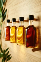 Poster - Minimalist Botanical Beverage Display Glass Bottles on Textured Wood with Greenery - Modern Wellness Content and Eco-Chic Beverage Branding