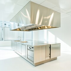 Leinwandbilder - Sleek Minimalist Kitchen Stainless Steel Prep Stations and Premium Ventilation System - Modern Commercial Culinary Space and Restaurant Efficiency