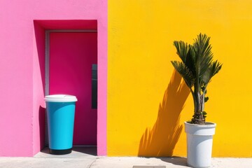Aufkleber - Vibrant Urban Oasis Modern Minimalist Color Block Wall with Tropical Plant and Designer Waste Bin - Contemporary Public Space Branding and Eco-Friendly Urban Design