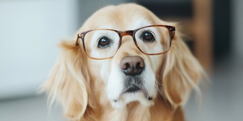 Poster - Whimsical Canine Workspace Playful Dog with Glasses at Modern Desk - Office Humor for Pet-Friendly Business Settings and Engaging Digital Content Creation