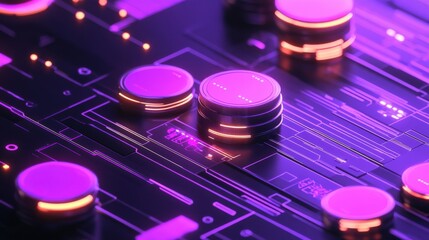 Poster - Close-up view of glowing digital coins on a circuit board with vibrant neon lights