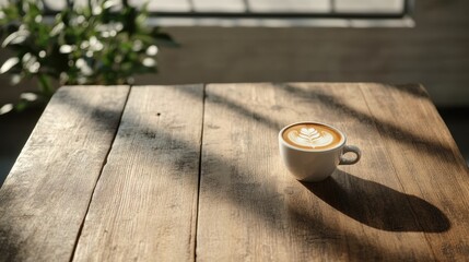 Poster - Rustic Hybrid Coworking Cafe Scene Textured Wooden Table with Sleek Laptop and Latte Art - Modern Workspace Solutions for Business Innovation and Marketing Visuals