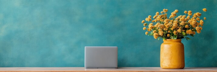 Aufkleber - Scandinavian Workspace Decor Minimalist Laptop Setup with Vibrant Vase and Wooden Desk - Modern Home Office Inspiration and Remote Work Enhancement
