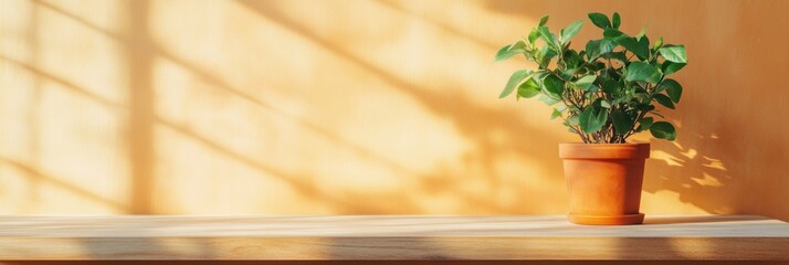 Poster - Scandinavian Workspace Minimalist Wooden Desk with Potted Plant - Modern Home Office Design and Sustainability for Enhanced Productivity