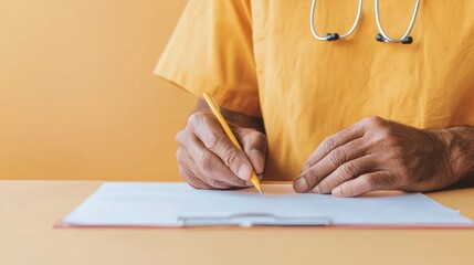 Poster - Contemporary Medical Workspace Hands Writing Prescription on Smooth Surface with Stethoscope - Essential Healthcare Content for Modern Clinical Documentation and Patient Care Enhancement