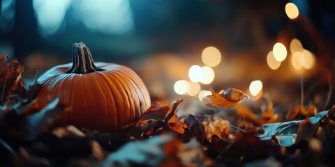 Wall Mural - Whimsical Autumn Decor Carved Pumpkin Among Fallen Leaves with Magical Bokeh - Seasonal Content for Event Planners and Festive Retail Display Ideas