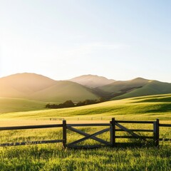 Poster - Serene Rural Landscape Traditional Wooden Gate and Fences Amidst Rolling Hills - Authentic Countryside Aesthetic for Eco-Friendly Agricultural Marketing