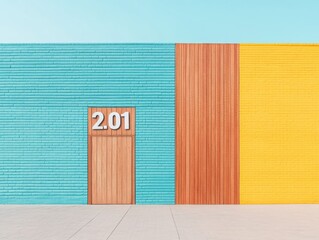 Aufkleber - Vibrant Wall Artistry Wooden Number Blocks on Colorful Brick Canvas for Event Planning - Inspiring Marketing Visuals and Creative Year-End Business Transitions