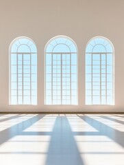 Poster - Minimalist Architecture Sunlit Arched Windows Casting Shadows on Polished Floors - Modern Workspace Design and Productivity Enhancement in Corporate Environments