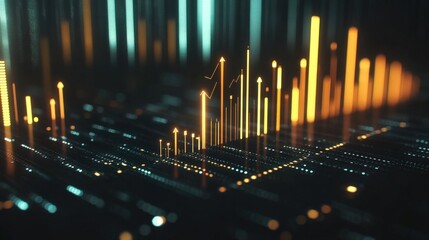 Poster - Abstract representation of data visualization with glowing bars and lines on a digital background