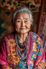 Wall Mural - Old Woman Sitting Colorful Wall