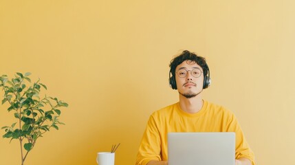 Aufkleber - Minimalist Home Workspace Korean Man in Virtual Therapy with Noise-Canceling Headphones, Laptop, and Herbal Tea - Digital Mental Health and Remote Productivity Solutions
