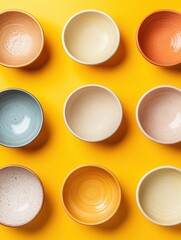 Aufkleber - Vibrant Ceramic Collection Multicolored Artisan Bowls on Bold Yellow - Contemporary Kitchenware for Artistic Retail Display and Interior Design