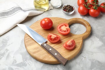 Wall Mural - Cutting board with knife, tomatoes and spices on grey textured table, closeup