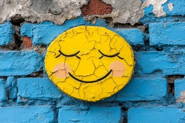 Poster - A bright yellow smiling face with closed eyes and a curved upward mouth, conveying happiness and friendliness, on