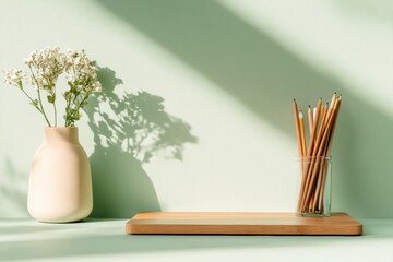 Aufkleber - Minimalist Green Workspace Wooden Desk with Eco-Friendly Art Tools and Natural Vase - Creative Office Design and Sustainable Branding for Modern Artists