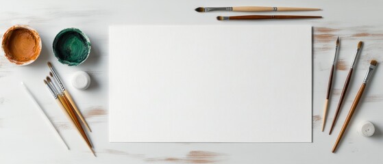 Fototapete - Modern Rustic Art Supply Flatlay Paintbrushes, Watercolor Palette, and Sketch Papers on Wooden Surface - Artistic Content for Creative Workshops and Inspiring Visual Design