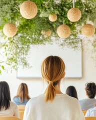 Aufkleber - Biophilic Conference Setting Natural Fiber Hanging Spheres and Lush Greenery - Business Innovation and Professional Engagement for Modern Knowledge Sharing