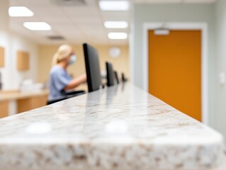 Poster - Modern Healthcare Reception Granite Desk with Computers in Focus - Clean Design for Efficient Patient Interaction and Contemporary Hospital Environment