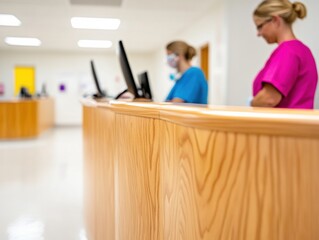 Aufkleber - Minimalist Healthcare Workspace Streamlined Wooden Reception Desk in Modern Medical Facility - Enhancing Patient Experience and Efficiency in Healthcare Design