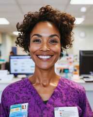 Aufkleber - Contemporary Welcoming Healthcare Reception Smiling African American Receptionist with Informative Brochures in Clean Hospital Setting - Enhancing Patient Experience and Support Services