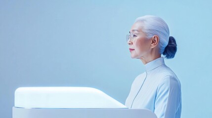 Aufkleber - Neo-Futuristic Healthcare Reception Minimalist White Kiosk with Digital Blue Neon Ambiance - Advanced Patient Experience and Tech-Driven Medical Services Innovation