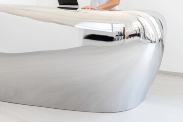 Poster - Melty Metallics in Healthcare Sleek Chrome Desk with Holographic Tech for Futuristic Hospital Reception Experience - Innovating Patient Interaction and Design