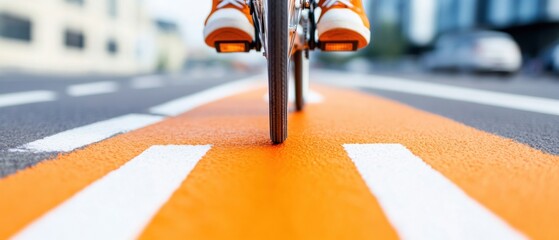 Poster - Modern Urban Cycling High-Precision Asphalt with Vibrant Orange Markings in Cityscape - Urban Mobility Solutions and Sustainable Transportation Planning