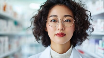 Aufkleber - Contemporary Healthcare Scene Skilled Korean Pharmacist in Sleek Pharmacy - Enhancing Patient Safety with Precision and Modernity for Medical Publications and Pharma Marketing