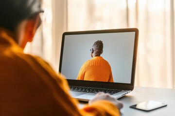 Aufkleber - Minimalist Hybrid Interview Transgender HR Manager (35) Engages Virtual Candidate via Laptop - Inclusive Workspace for Modern Business Solutions and Tech Integration