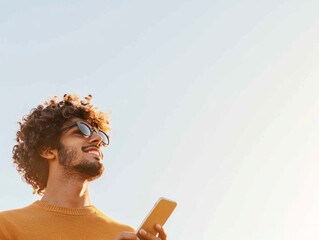 Aufkleber - Sunlit Modern Tech Aesthetic Young Adult with Smartphone Wearing Casual Sunglasses - Digital Lifestyle and Innovative Marketing Imagery for Gen Z Engagement