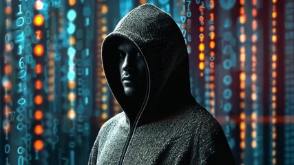 Poster - Mysterious figure in a hoodie against a digital backdrop in vivid 4k resolution
