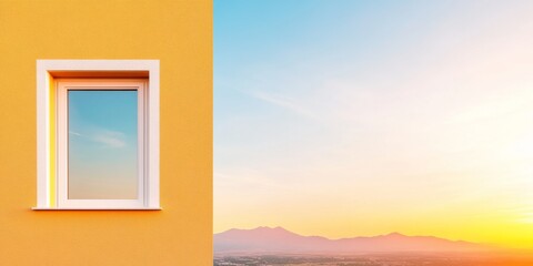 Aufkleber - Vibrant Minimalist Architecture Yellow Stucco Wall with Modern Window Overlooking Serene Sunset - Inspirational Design for Urban Spaces and Real Estate Marketing