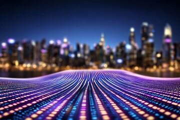 Poster - A futuristic city skyline with abstract data visualizations and glowing elements representing technology and analytics