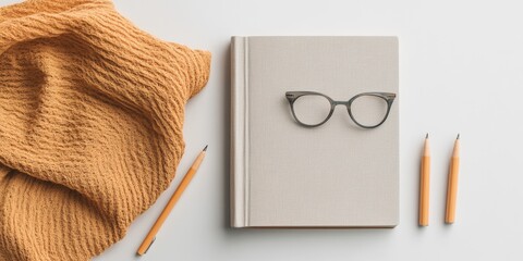 Fototapete - Modern Minimalist Workspace Linen-Covered Book with Sleek Reading Glasses, Cozy Knit Textiles and Graphite Tools - Creative Writing Hub for Contemporary Authors